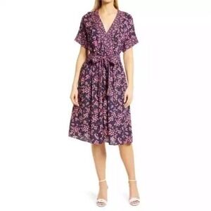 Draper James Miranda Faux Wrap Dress Short Sleeve Cherry Blossom Navy Large K16